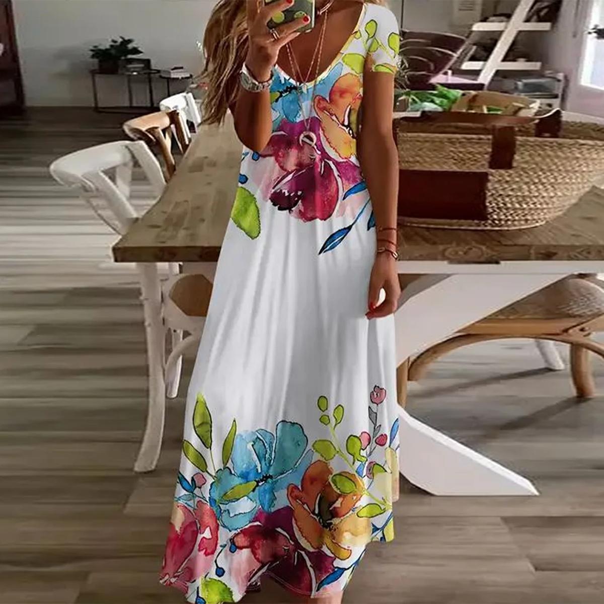 MP | Elegantné maxi šaty s krátkymi rukávmi a výstrihom do V