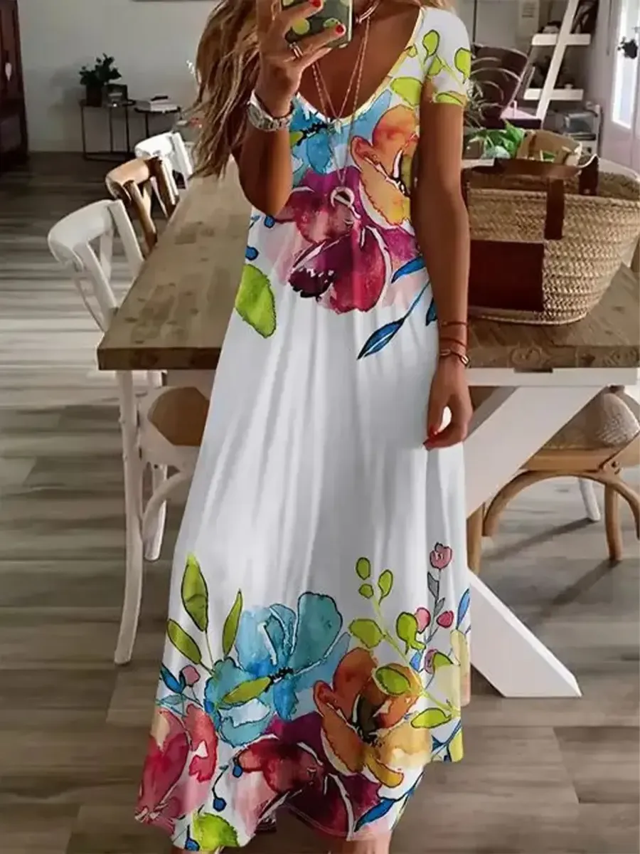 MP | Elegantné maxi šaty s krátkymi rukávmi a výstrihom do V