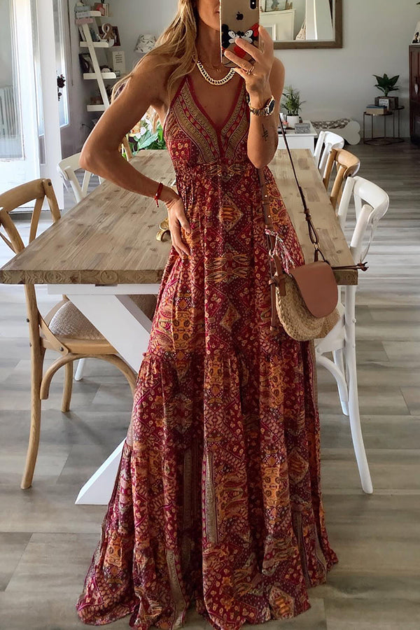 MP | Celeste Boho maxi šaty na ramienka s potlačou a elastickým pásom