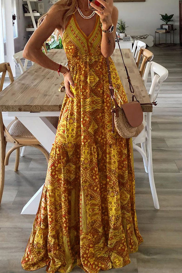 MP | Celeste Boho maxi šaty na ramienka s potlačou a elastickým pásom