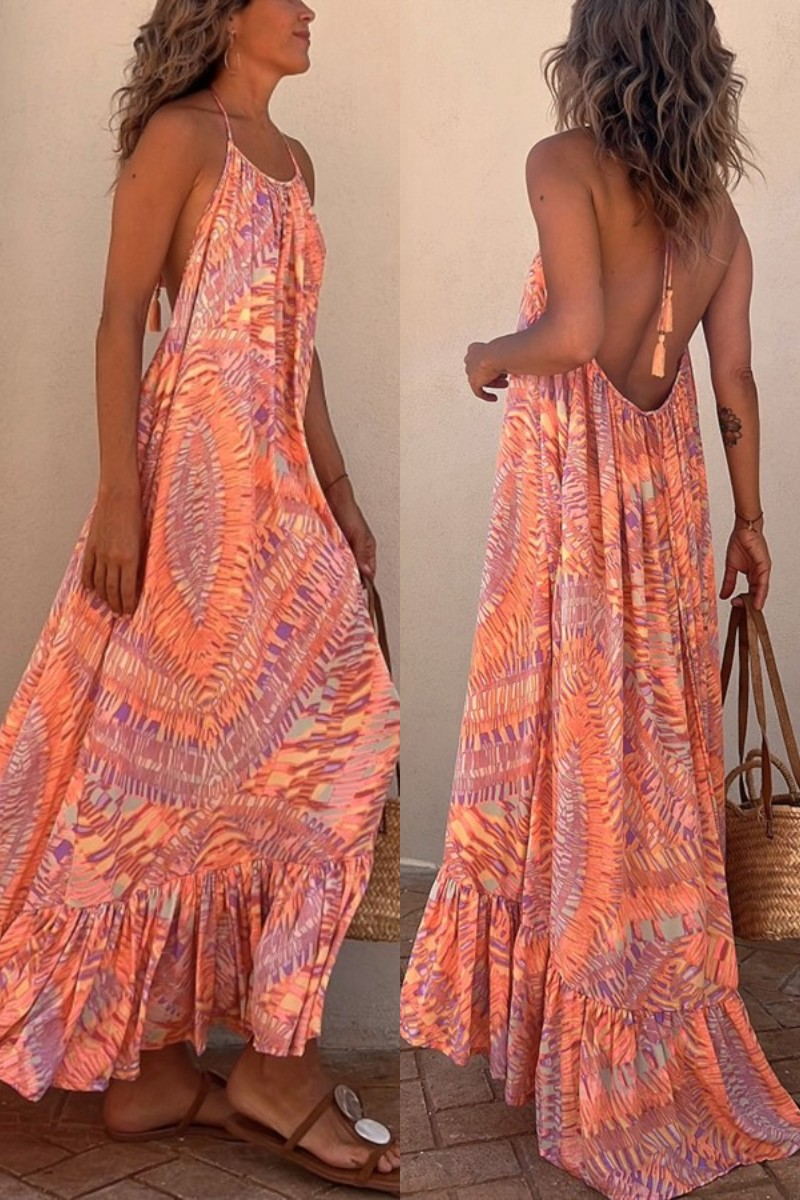 MP | Sunita Etnická tlač A-Line Halter Tassel Holiday Maxi šaty