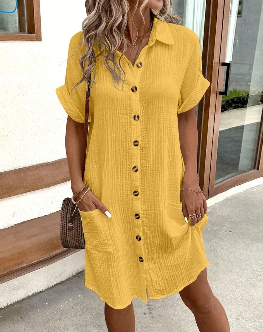 MP | Ročník ženy pevné Mini šaty letné módne V-Neck tri Quater rukávy bavlnené plátno šaty dámy ležérne dovolenka Vestidos