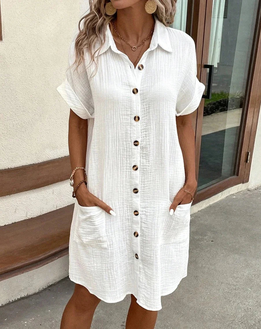 MP | Ročník ženy pevné Mini šaty letné módne V-Neck tri Quater rukávy bavlnené plátno šaty dámy ležérne dovolenka Vestidos