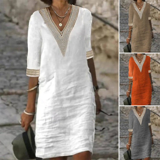 MP | Ženy bavlnené plátno pevné V-Neck patchwork polovica rukáv posun šaty