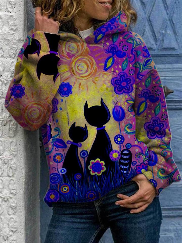 Casual Fit Long Sleeve Cute Cat Printed Hooded Sweatshirt Shopvhs.com