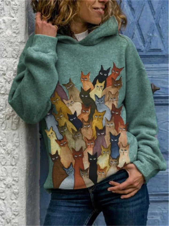 Extra Cozy Cats Printed Long Sleeve Hooded Sweatshirt Shopvhs.com