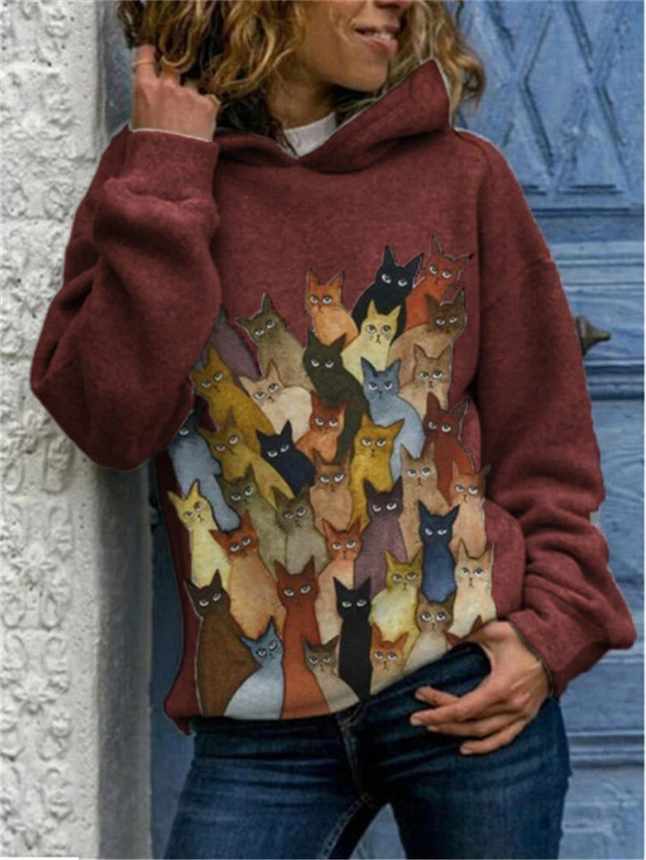 Extra Cozy Cats Printed Long Sleeve Hooded Sweatshirt Shopvhs.com