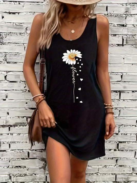 MP | Letné čierne sexi šaty Dámske slnečnicové tlače Príležitostné Slim Fit bez rukávov okolo krku Tričko Mini šaty