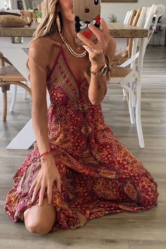 MP | Celeste Boho maxi šaty na ramienka s potlačou a elastickým pásom